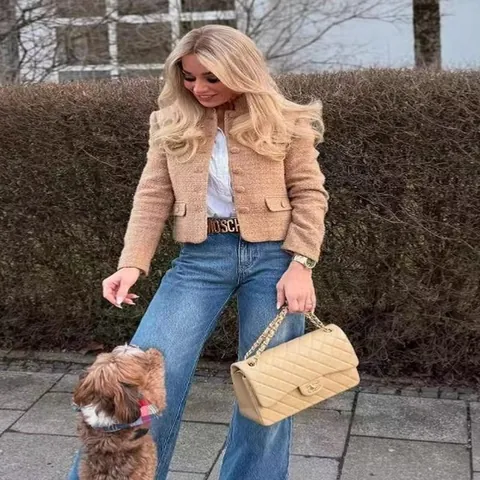 Giacca Corta in Tweed Stile Francese da Donna Monopetto Girocollo Primavera 2025 Elegante Soprabito da Celebrità Cachi