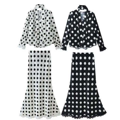 Elegant Korean Style Polka Dot Top And Bottom Set Women V-Neck Long Sleeve Top With High Waist Fishtail Midi Skirt Lace Trim