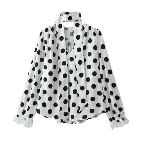 Elegant Korean Style Polka Dot Top And Bottom Set Women V-Neck Long Sleeve Top With High Waist Fishtail Midi Skirt Lace Trim