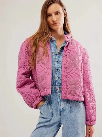 Women Quilted Jacket French Sweet Style Applique Flower Lantern Sleeve Round Neck Single Breasted Padded Casual Outerwear