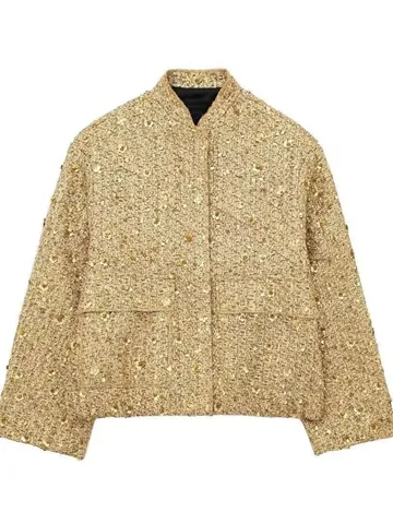 Damen Goldene Pailletten Tweed Jacke Stehkragen Reguläre Passform Langarm Top Streetwear Party Schimmernde Kurze Oberbekleidung