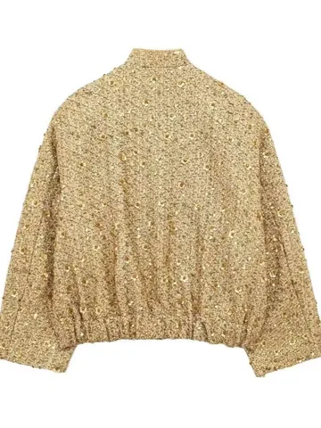 Damen Goldene Pailletten Tweed Jacke Stehkragen Reguläre Passform Langarm Top Streetwear Party Schimmernde Kurze Oberbekleidung