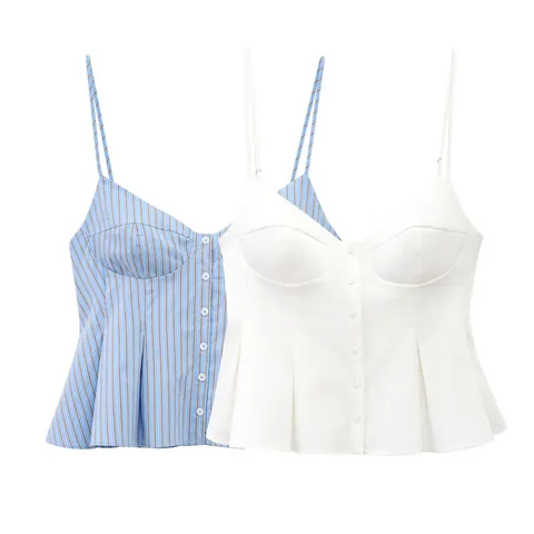 Top Canotta da Donna Sexy in Popeline Vestibilità Aderente Orlo Peplum Bottone Frontale Stile Corsetto Senza Maniche Streetwear