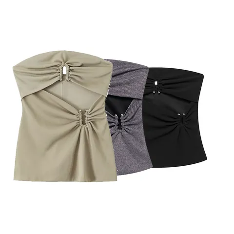 Damen Sexy Cut-Out Gerafftes Schlauchoberteil Polyester Trägerloses Bandeau-Top Mit Metallperlenverzierung Frühling Sommer Casual Party Top