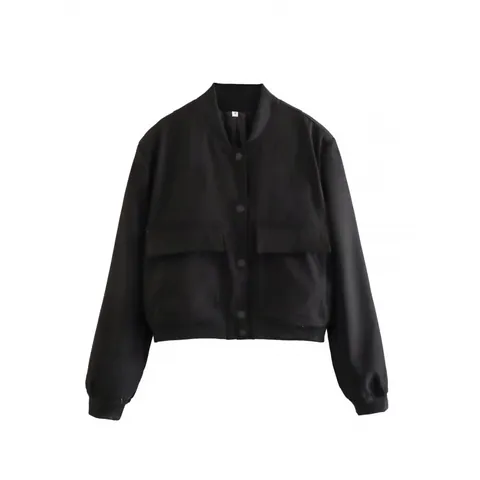 Veste pour Femme Style Occidental Col Montant Grandes Poches Boutons Manches Longues Bordure Côtelée Polyester Bomber Court Streetwear Décontracté