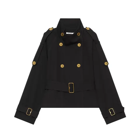 Vintage Double Breasted Short Jacket For Women Retro Lapel Belted Outerwear British Style Polyester Coat With Shoulder Straps