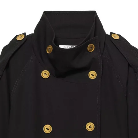 Vintage Double Breasted Short Jacket For Women Retro Lapel Belted Outerwear British Style Polyester Coat With Shoulder Straps