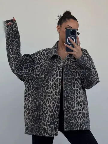 Women American Retro Leopard Print Denim Jacket 100% Cotton Oversized Gray Fashion Lapel Button Down Coat Casual Outwear