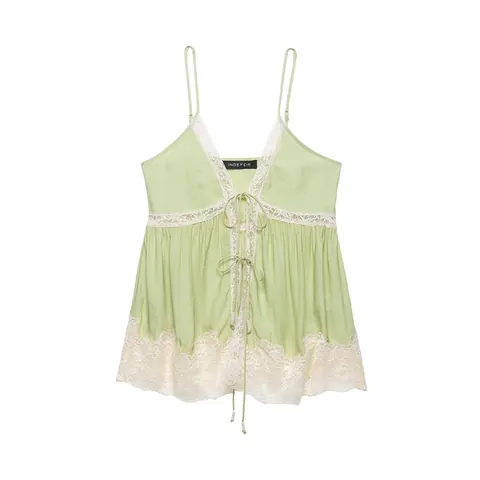 Women's Sexy Lace Patchwork Cami Top Satin V Neck Tie Front Adjustable Strap Sleeveless Slim Fit Summer Tank Top