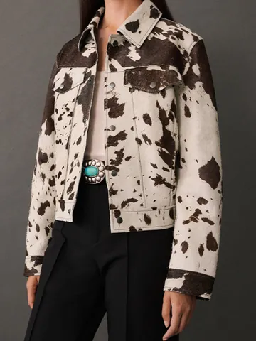 Dames Kort Spijkerjack met Onregelmatig Koeienpatroon Bedrukt Polyester Revers Lange Mouwen Cropped Jas Streetwear Casual Bovenkleding