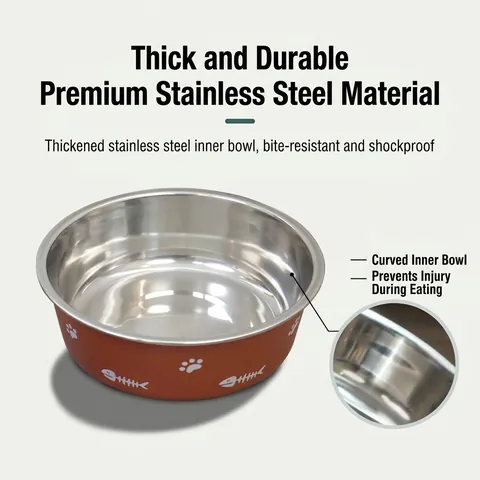 Stainless Steel Double Layer Pet Bowl Anti Slip Dog Cat Feeding Water Bowl With Cartoon Paw Print Pattern Metal Food Basin