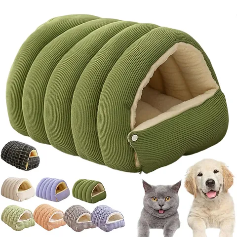 Enclosed Cozy Plush Cat Bed Tunnel Shaped Warm Pet Cave Removable Washable Winter Dog Nest Soft Corduroy Cushion House For Indoor Cats Small Dogs