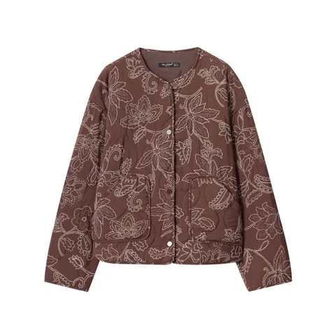 Damen Vintage Braun Blumen Stickerei Gesteppt Wattierte Jacke Lose Passform Rundhals Einreihig Casual Warmer Wattierter Mantel
