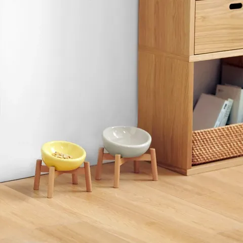 Bol pour Animaux en Céramique Incliné Avec Support en Bois Surélevé Protection du Cou Ergonomique Chat Chien Bol Minimaliste