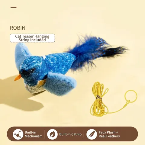 Juguete para Gatos de Pájaro de Simulación Realista de Peluche Juguete Interactivo de Plumas con Sensor Inteligente y Hierba Gatera