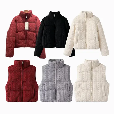 Dames Kabelgebreide Pufferjas Mode Dik Warm Gevoerd Vest Staande Kraag Rits Effen Kleur Los Casual Winterbovenkleding Top