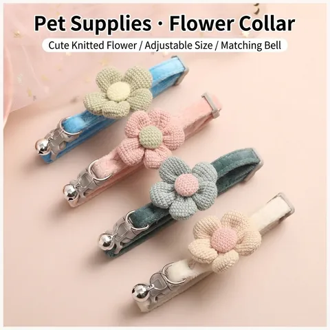 Adjustable Yarn Pet Flower Bell Collar Metal Bell Plastic Buckle Neck Strap Soft Handcrafted Necklace For Cats Dogs Accessory