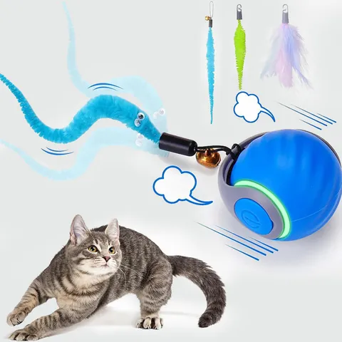 Balle de Jouet Intelligente à Roulement Automatique pour Chat Soulagement de l'Ennui Jouet Électronique Interactif Avec Lumières LED et Plumes