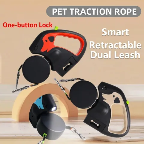 Dubbele Kop Automatisch Intrekbare Hondenriem Met LED Verlichting 360 Knoopvrije Tractie Met Poepzakhouder Voor Honden Nachtwandelen