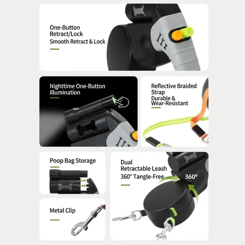 Dual Head Retractable Dog Leash 360 Degree No Tangle Double Leashes With LED Light For Two Small Medium Dogs Walking