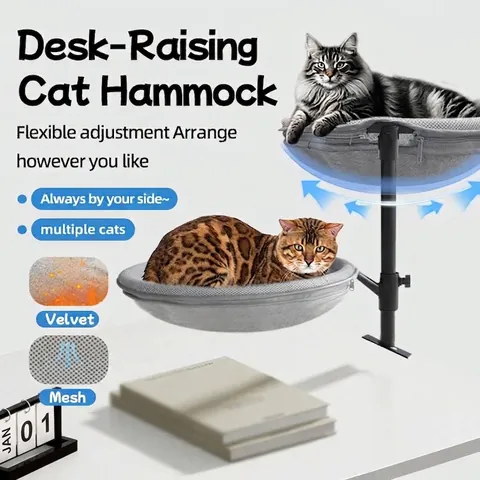 360 Drehbarer Schreibtisch Katzenbett Platzsparende Klemm Katzenhängematte Für Bürotisch Alle Jahreszeiten Edelstahl Netz Plüsch Haustierbett