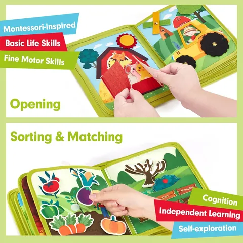 Montessori Felt Busy Board Early Education Quiet Book Farm Animal Theme Toddler Travel Activity Sensory Toy