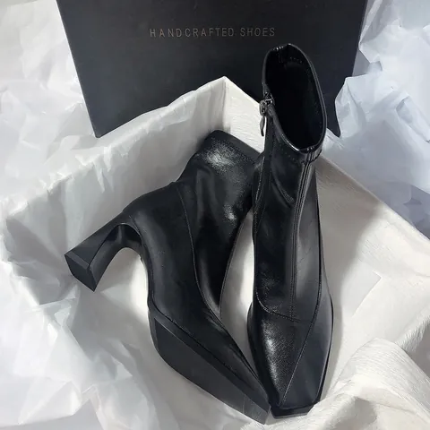 Women French Style Square Toe Ankle Boots Cowhide Leather Chunky High Heel Elastic Sock Boots Side Zipper Autumn Winter Fashion