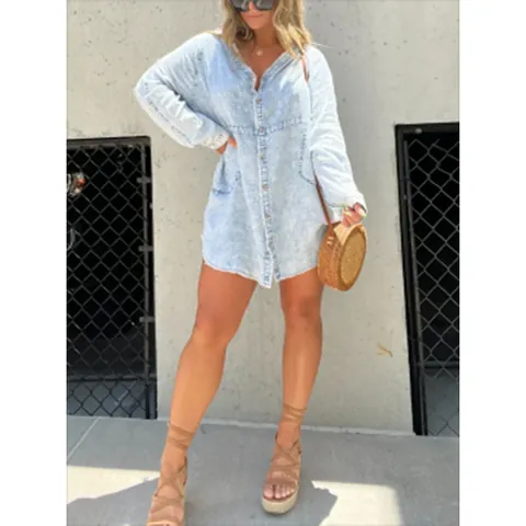 Women Washed Denim Shirt Dress V Neck Long Sleeve Button Down Oversized Distressed Casual Midi Denim Dress Plus Size