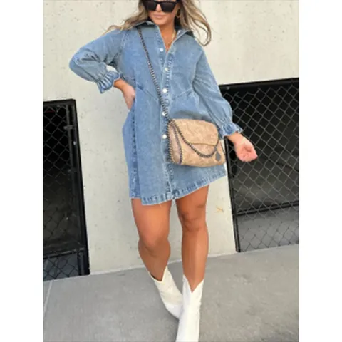 Damen Denim Hemdkleid Laternenärmel Einreihig Gewaschene Baumwolle Casual Lockeres Minikleid