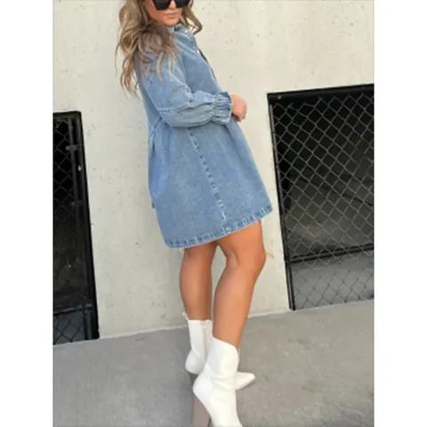 Women Casual Denim Shirt Dress Long Lantern Sleeve Single Breasted Turn Down Collar Loose Midi Dress