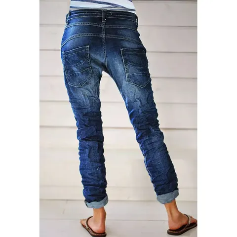 Women's Casual High Waist Distressed Denim Jeans Washed Straight Leg Pants Vintage Streetwear Stretch Full Length Trousers