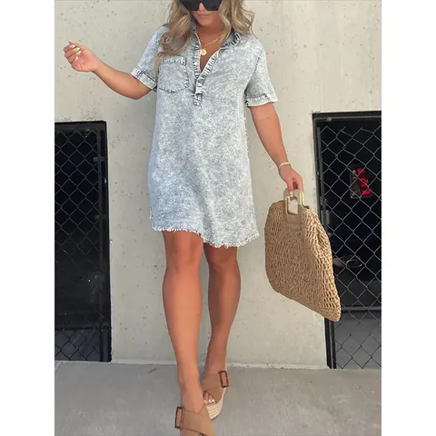 Damen Casual Hemdenkragen Jeanskleid Kurzarm Mini Kleid Mit Fransensaum Acid Wash Baumwolle Denim Kleid