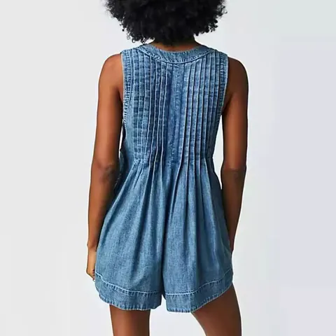 Mono de Mezclilla sin Mangas para Mujer con Pliegues Cuello en V Cordón Algodón Lavado Enterizo de Verano Informal Corto