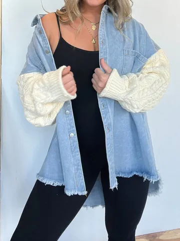 Damen Casual Patchwork Jacke Polyester Denim Body Zopfmuster Pullover Ärmel Locker Ausgefranster Saum Button Down Oberteil
