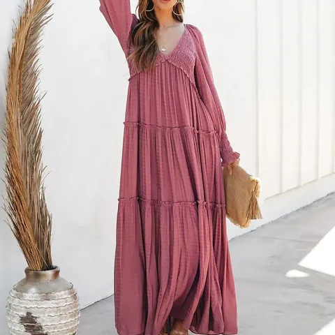 Elegantes V-Ausschnitt Maxi Kleid Für Damen Gesmokt Gestuft Langarm Literarischer Stil Einfarbig Tencel Stoff Boho Urlaub Strandmode