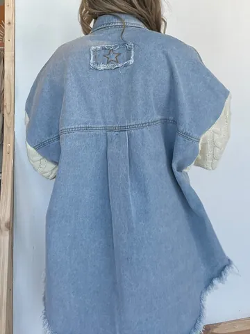 Damen Casual Patchwork Jacke Polyester Denim Body Zopfmuster Pullover Ärmel Locker Ausgefranster Saum Button Down Oberteil