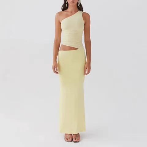 Conjunto de Mujer un Hombro Abertura Fruncido Punto Top And Bottom Color Sólido Ajustado Falda Maxi Dos Piezas Sexy