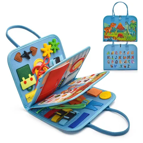 Montessori Felt Busy Board per Bambini Piccoli Educazione Precoce Dinosauro Activity Sensory Board Capacità Motorie Giocattolo Borsa da Viaggio