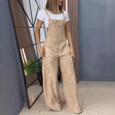 Mono de Mezclilla Lavada para Mujer Moda Pata Ancha Overol Con Bolsillos Pantalones Largos Casuales de Algodón Sin Mangas