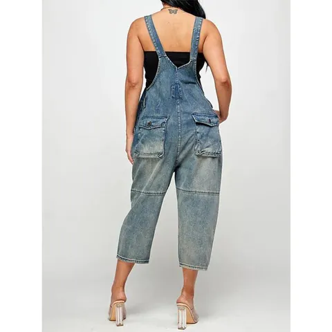 Mono de Mezclilla para Mujer Overol Lavado con Botones Frontales Tirantes Ajustables Bolsillos Streetwear Casual Denim Top And Bottom