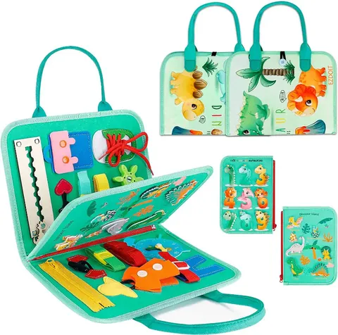 Tavola Sensoriale in Feltro a Tema Dinosauro Giocattolo Educativo Montessori per Bambini Allenamento delle Abilità Motorie Borsa da Viaggio