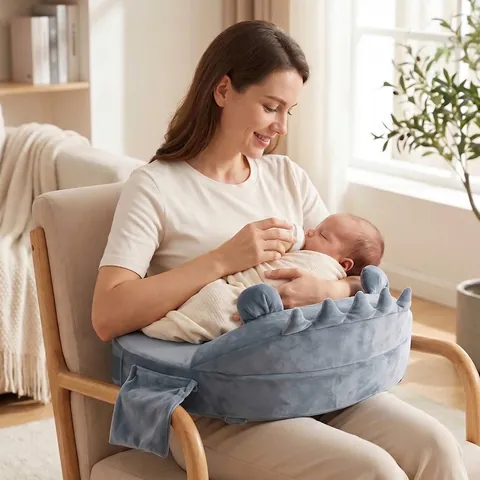 Cojín de Lactancia Ajustable Poliéster Funda Extraíble Bordado de León Animado Almohada de Apoyo para Alimentación Bebé
