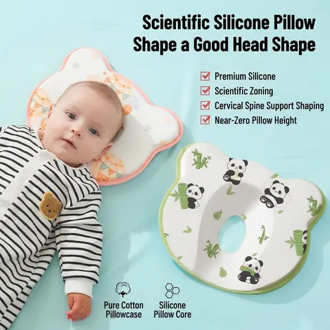 Almohada Moldeadora de Silicona para Recién Nacido Anti-Cabeza Plana Almohada de Posicionamiento Con Funda de Algodón Estampado Panda Conejo para 0-6 Meses