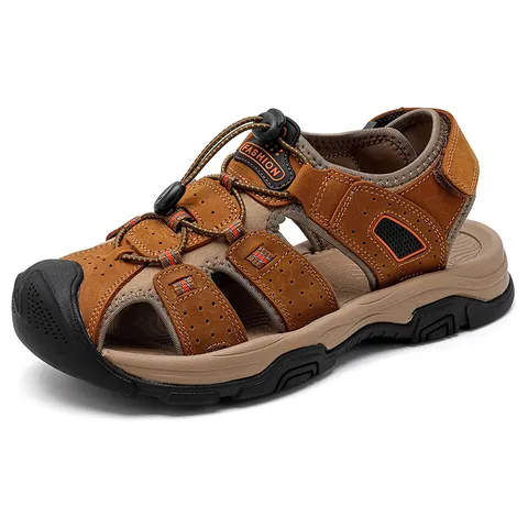 Men's First Layer Cowhide Outdoor Closed Toe Sandals Summer Breathable Beach Shoes Hook And Loop Anti-Slip Sandals