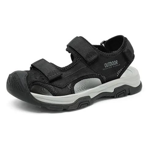 Sandali Outdoor da Uomo in Vera Pelle Bovina Punta Chiusa Antiscivolo Scarpe da Sport Spiaggia Chiusura a Strappo Traspiranti Scarpe Casual