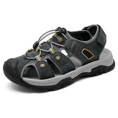 Men's First Layer Cowhide Outdoor Closed Toe Sandals Summer Breathable Beach Shoes Hook And Loop Anti-Slip Sandals