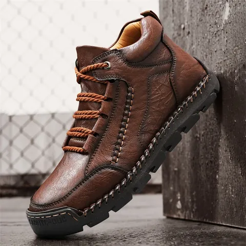 Men Vintage Outdoor Work Boots Microfiber Leather Casual Large Size Non-slip Work Shoes Retro Hand-Stitched Leather Boots