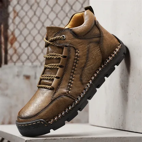 Men Vintage Outdoor Work Boots Microfiber Leather Casual Large Size Non-slip Work Shoes Retro Hand-Stitched Leather Boots