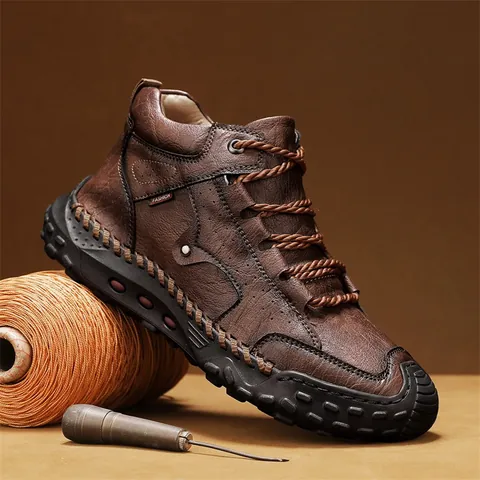 Men's Vintage Work Boots Hand-Stitched Outdoor Martin Boots Microfiber Leather Non-Slip High-Top Casual Shoes Plus Size