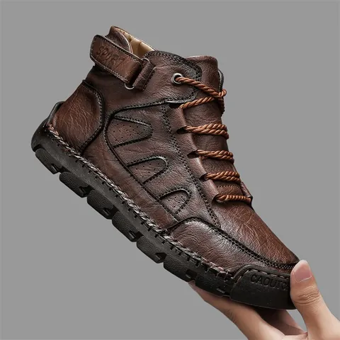 Men High Top Microfiber Leather Boots Outdoor Casual Retro Hand Stitched Work Boots Non Slip Winter Shoes For Men